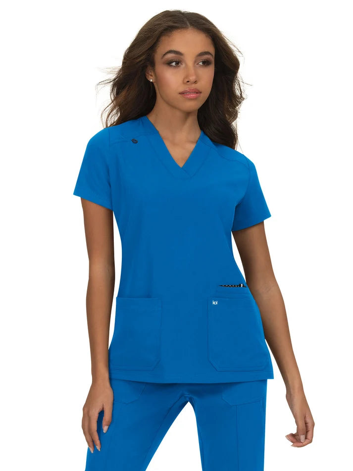 koi - Next Gen - Women's Three-Pocket Wide V-Neck Stretch Hustle and Heart Top